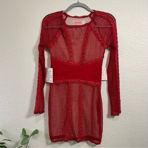 Free People Red Lace Long Sleeve Mini Dress | XS | NWT